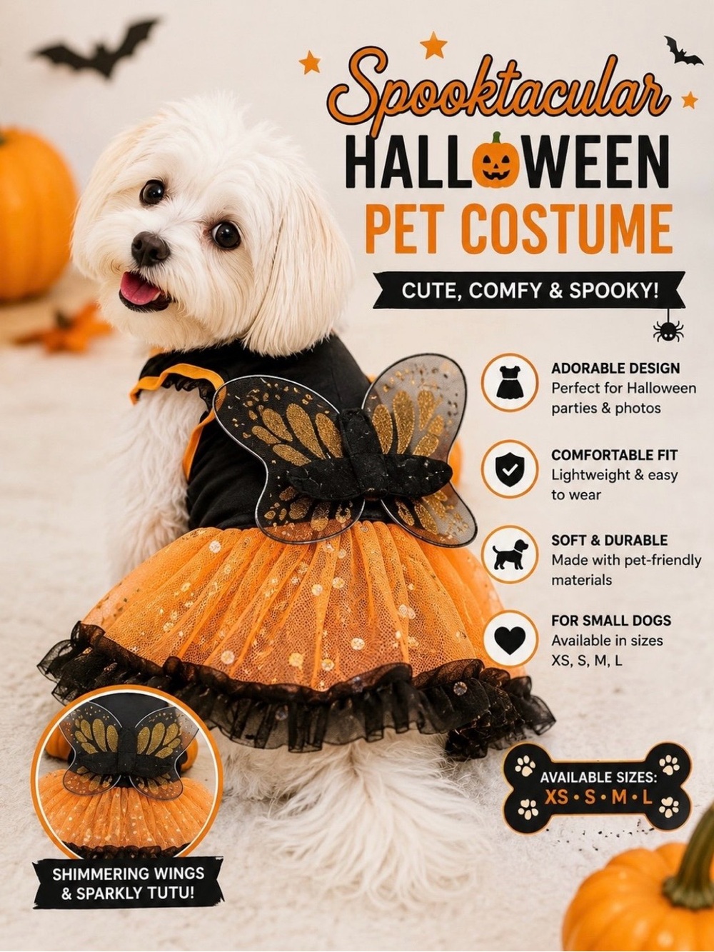 Small Dog Halloween Butterfly Pumpkin Tutu Costume - Orange